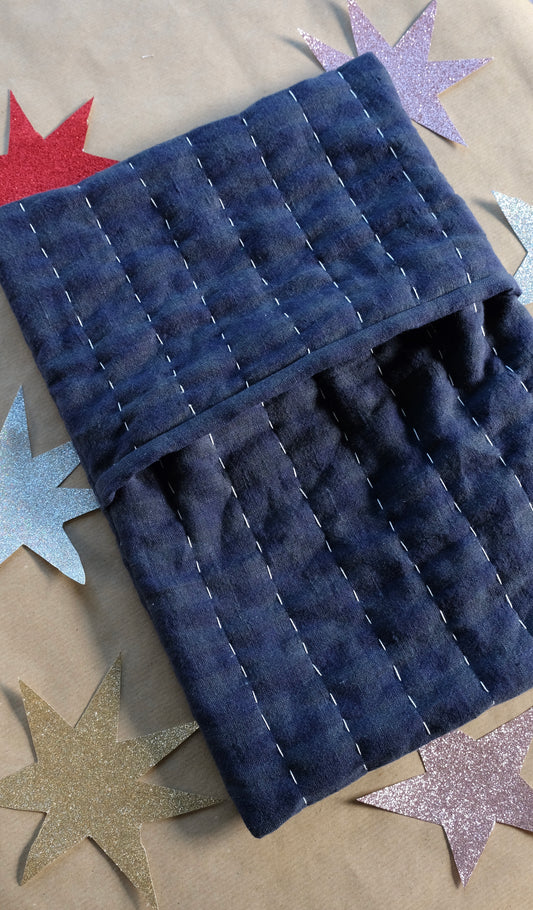 Blue Gingham Linen Quilted Hot Water Bottle Cover