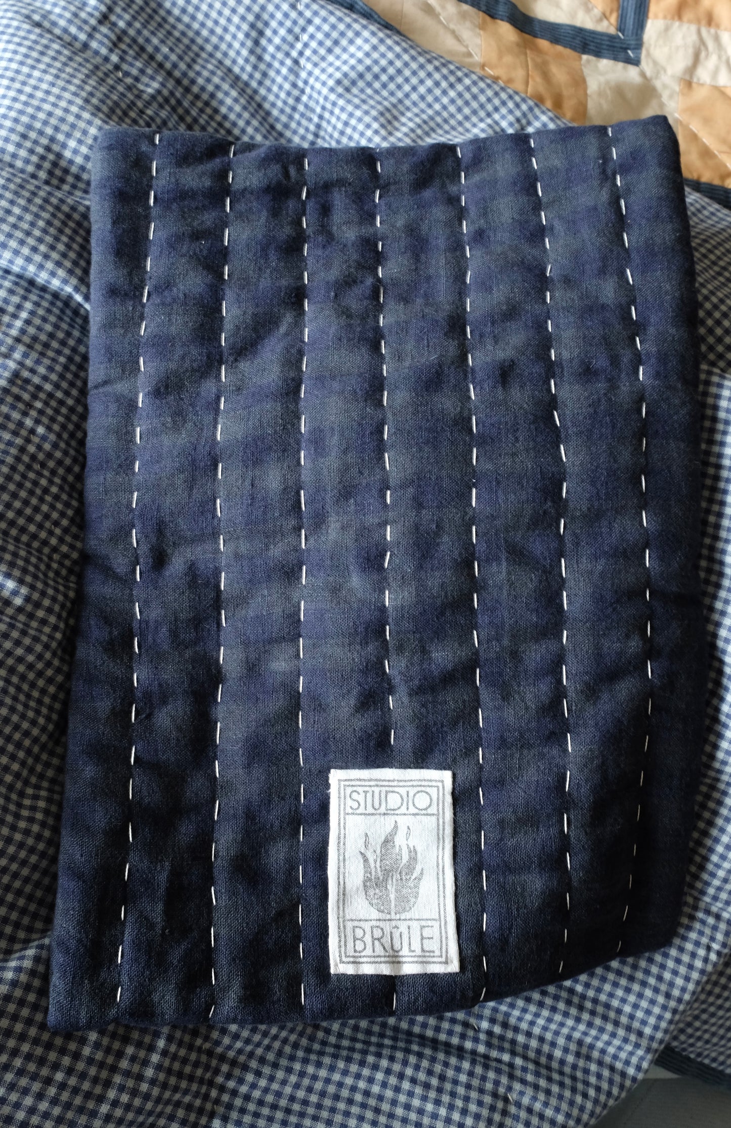 Blue Gingham Linen Quilted Hot Water Bottle Cover