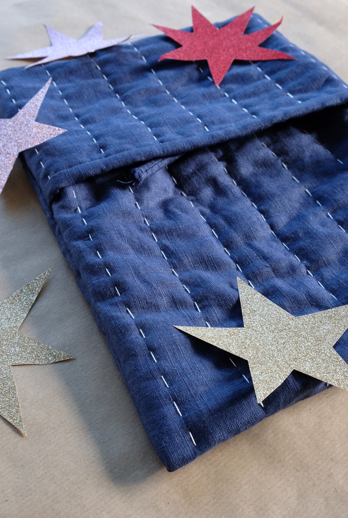 Blue Linen Hand Quilted Hot Water Bottle Cover