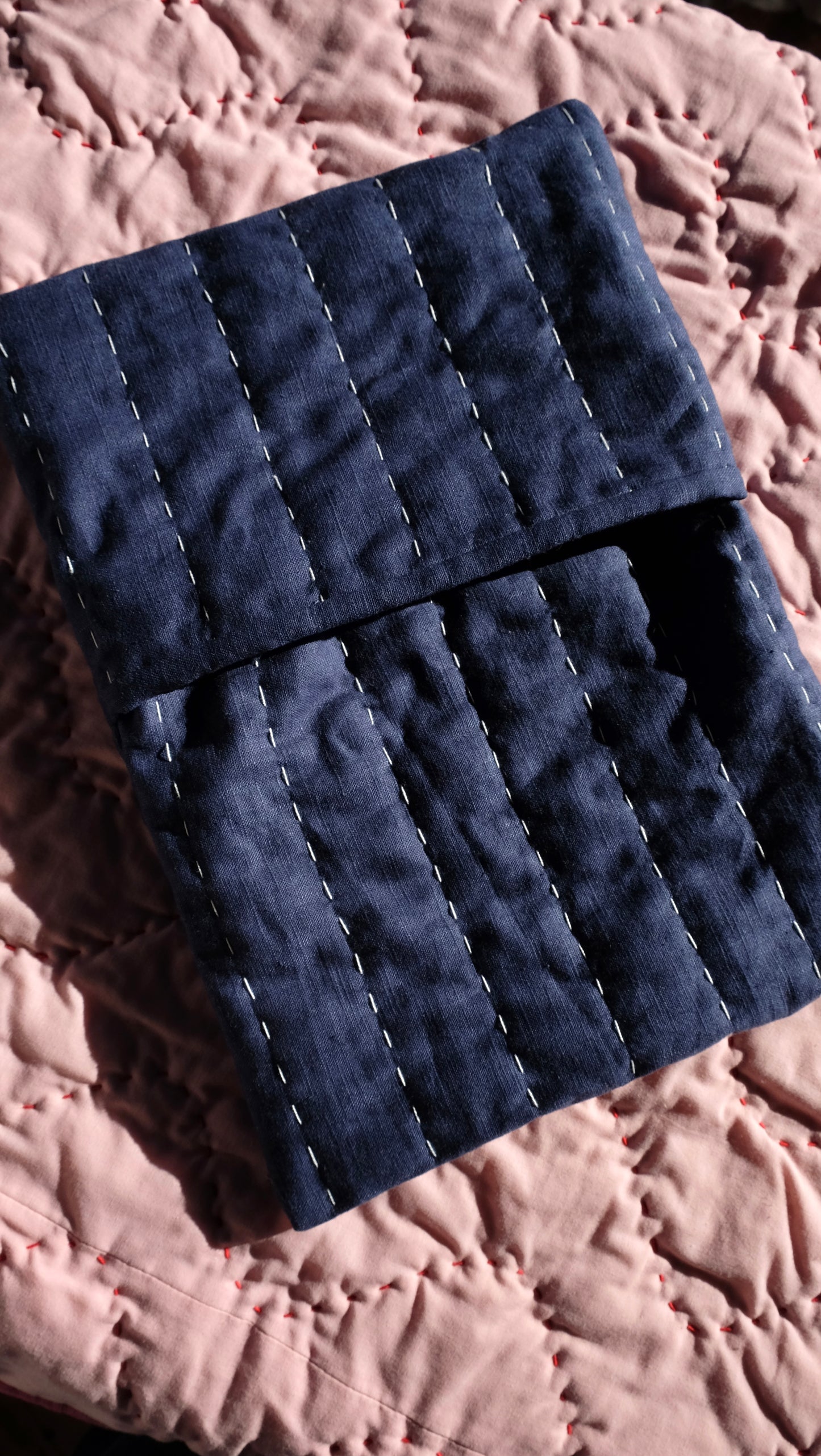 Blue Linen Hand Quilted Hot Water Bottle Cover