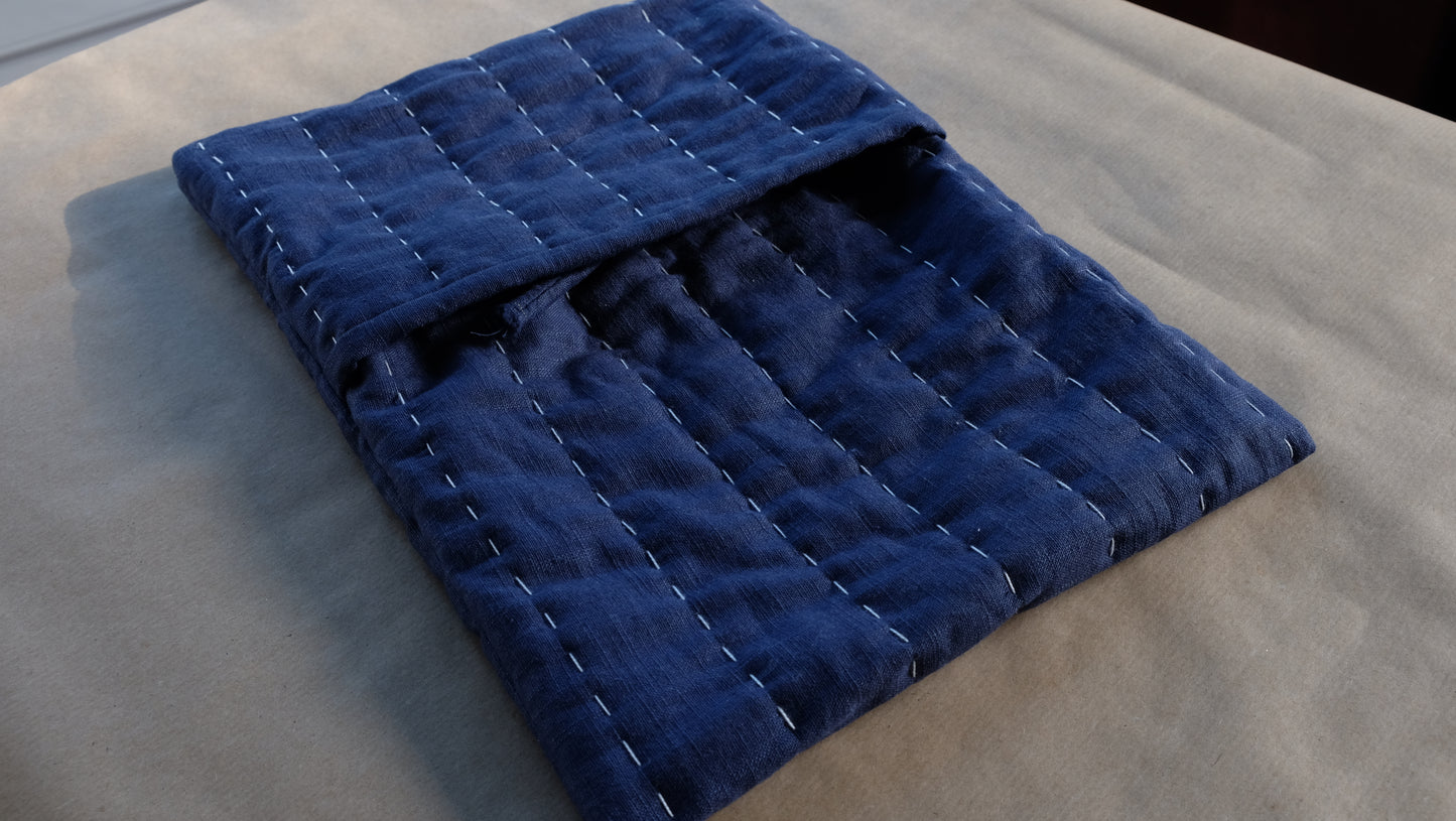 Blue Linen Hand Quilted Hot Water Bottle Cover