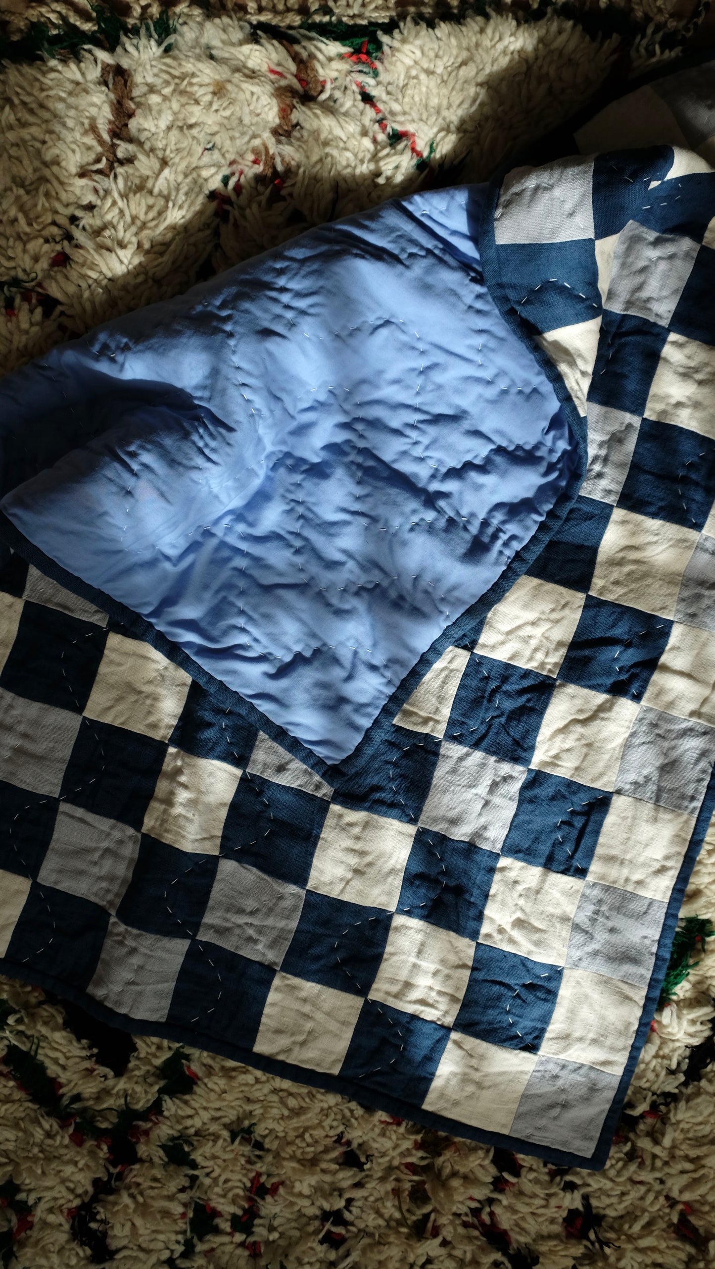 Blue and Cream Linen Kid's Quilt / Play Mat / Lap Quilt 2