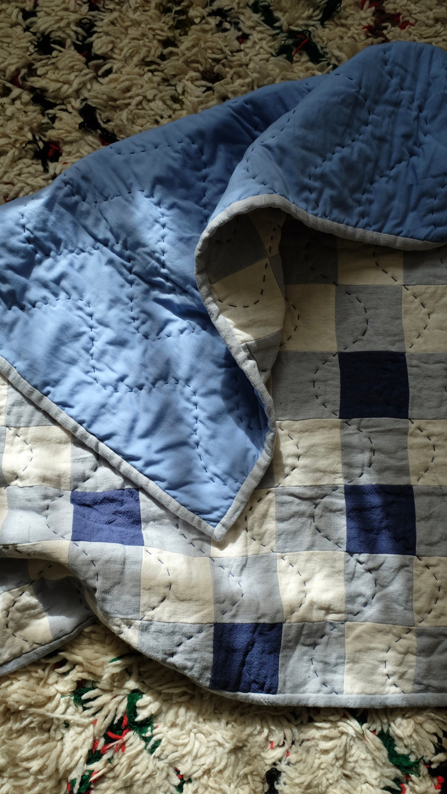 Blue and Cream Linen Kid's Quilt / Play Mat / Lap Quilt 1